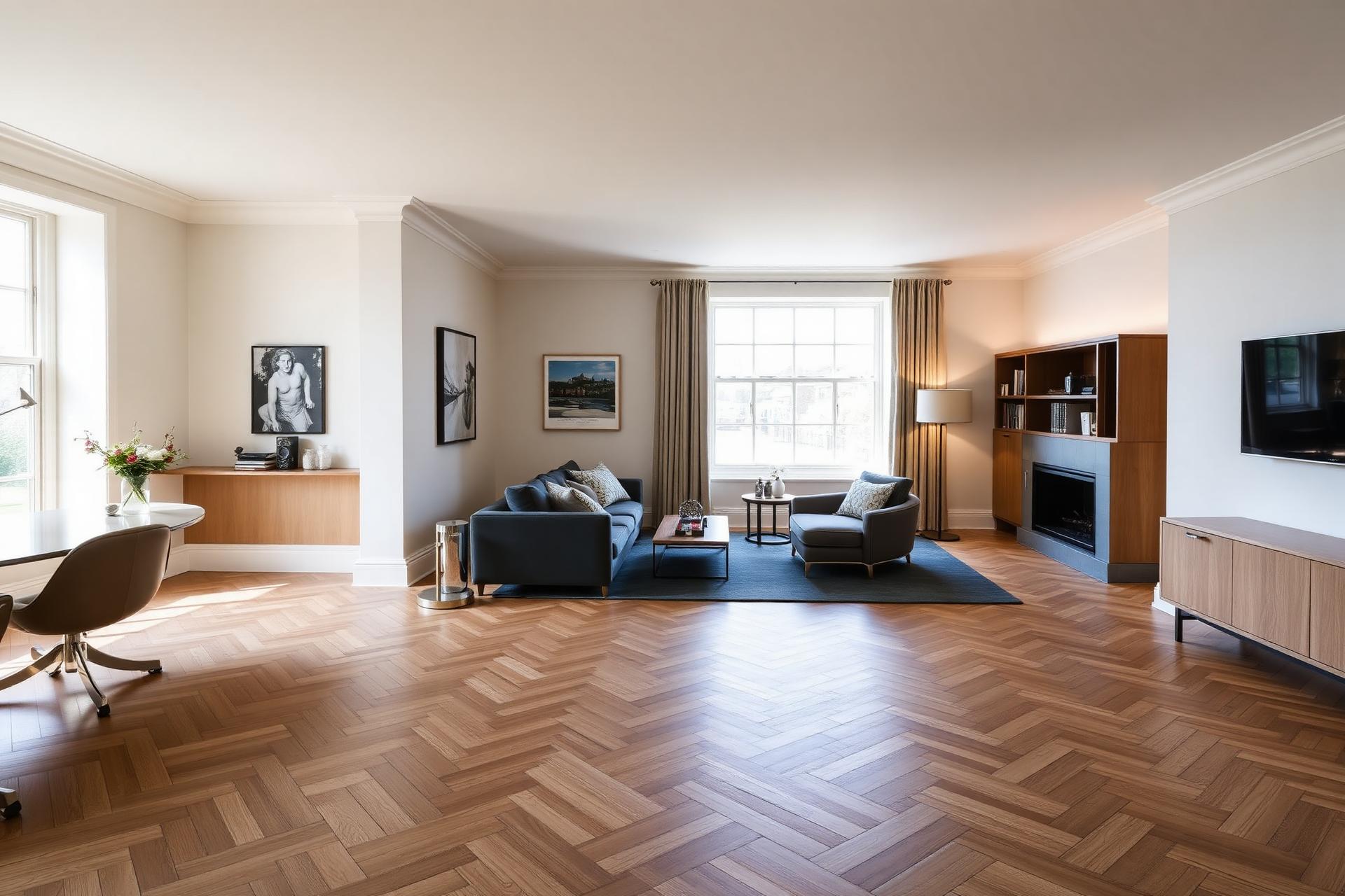 Premium herringbone oak flooring in a bright Scottish living room